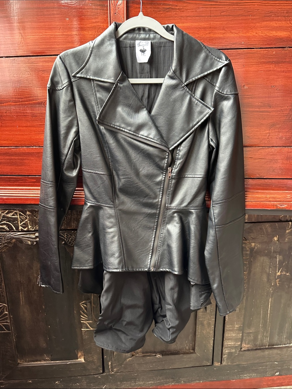 Women's Nuvula Black Faux Leather Peplum High Low Zip-Front Jacket